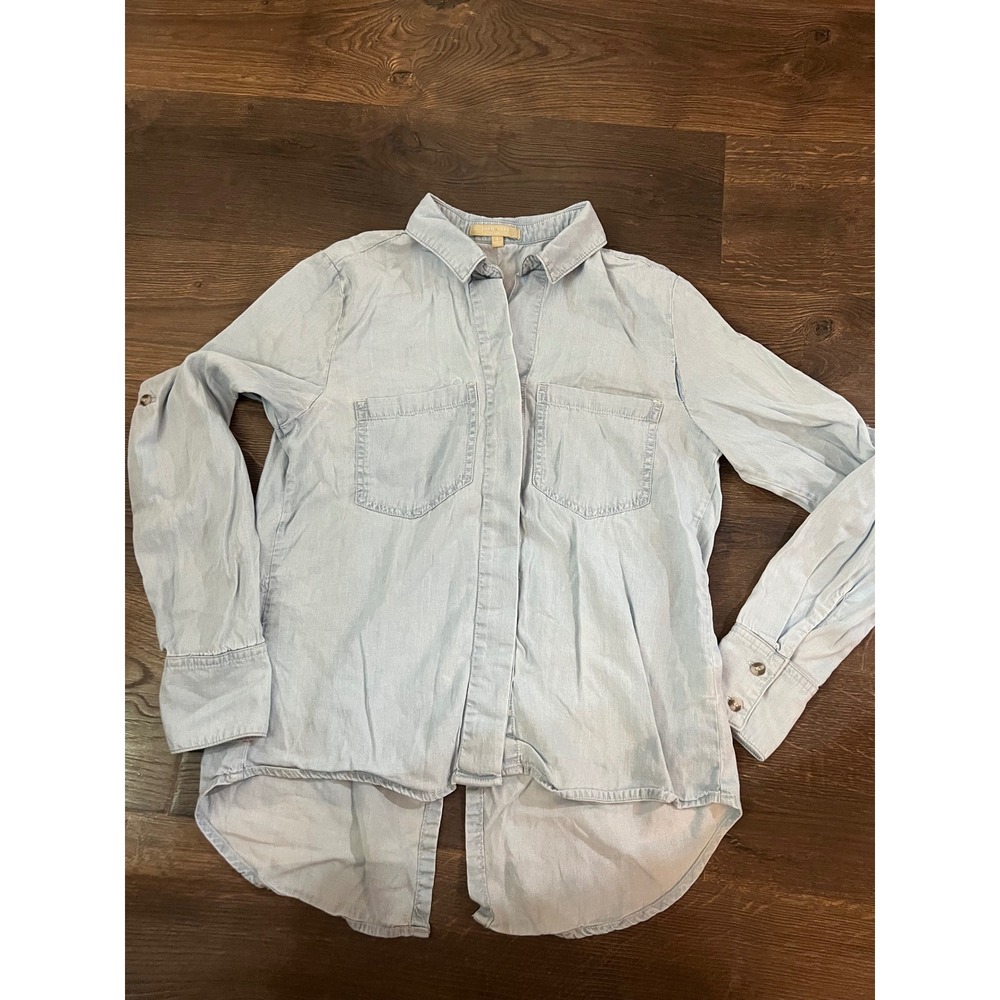 Joan Vass Studio Chambray Shirt Split Back Long Sleeve‎ Casual Top Size S